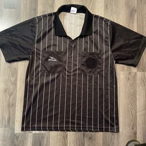 SCORE VINTAGE MENS BLACK SHORT SLEEVE BLACK STRIPED SHIRT V NECK SOCCER THEME L